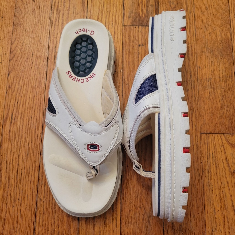 Skechers‎ 8 Platform Flip Flops White Leather Y2K Chunky 90s Summer Beach Grunge